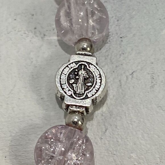 Elegant Beaded Bracelet with Cross Charm Gold Tone Clear Tan Beads - Picture 5 of 8